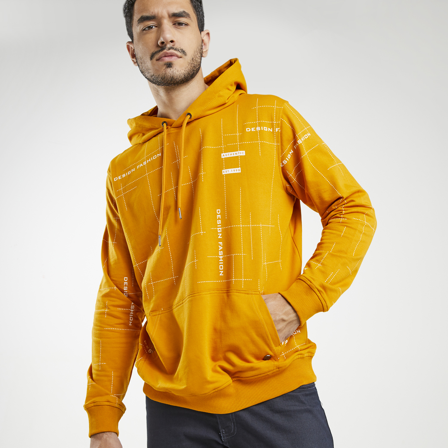 d&f sweatshirt hoodie pria unisex L/S line - mustard