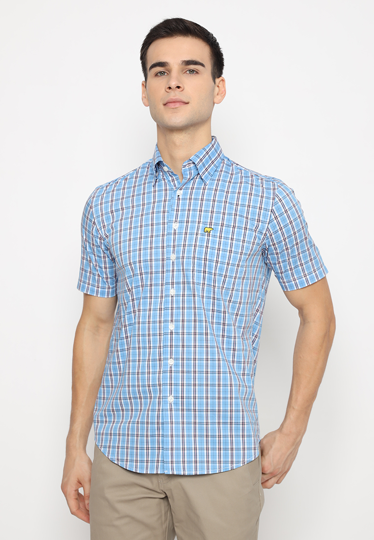 Jack Nicklaus Cecchi Woven Shirt Large Plaid Shirt Short Sleeve Silver Lake