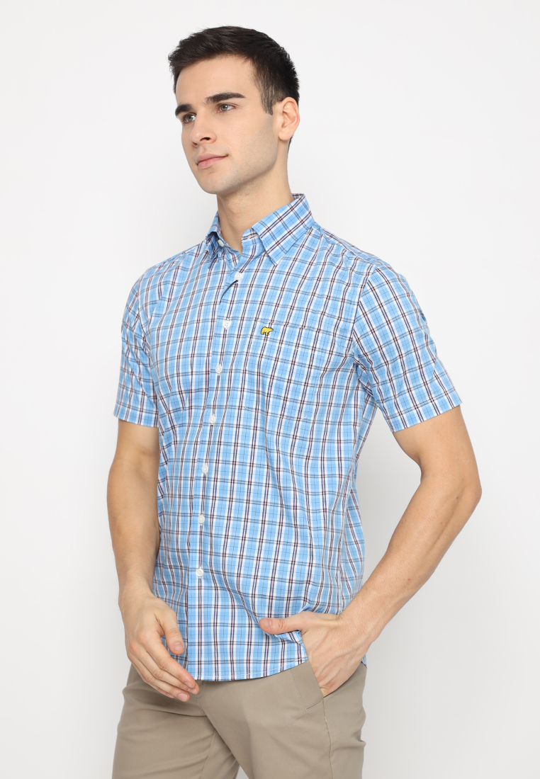 Jack Nicklaus Cecchi Woven Shirt Large Plaid Shirt Short Sleeve Silver Lake - Image 2