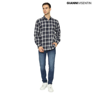 Gianni Visentin Kemeja Flanel Pria Kotak Slim Fit - Biru Tua - 6074