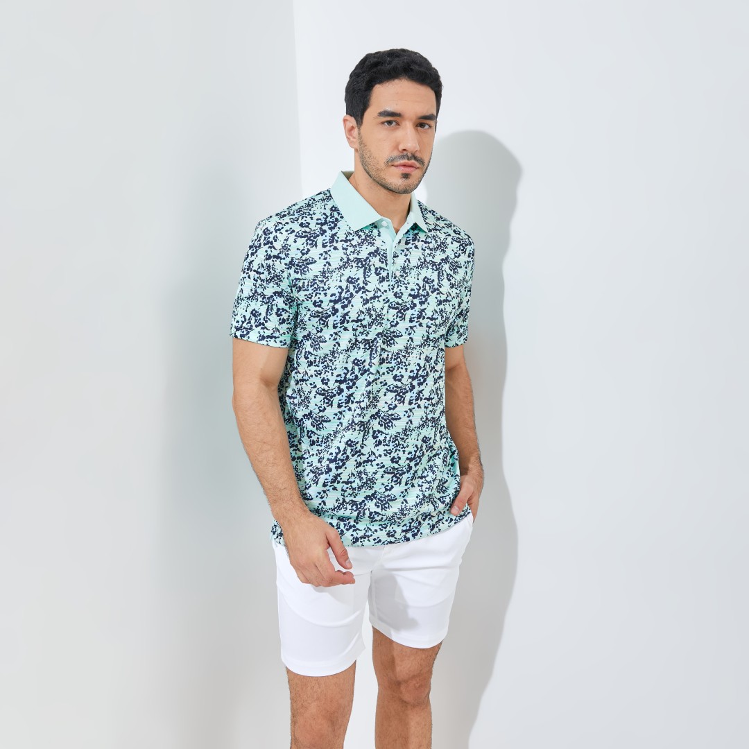 Jack Nicklaus Waldorf Premium Floral Print Polo Surf Green - Image 3