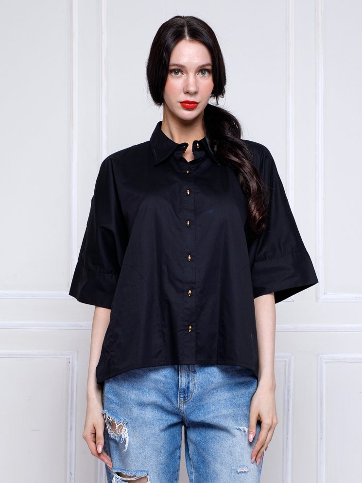 Personal Style Kemeja Katun Lengan Pendek Wanita Blomish Black
