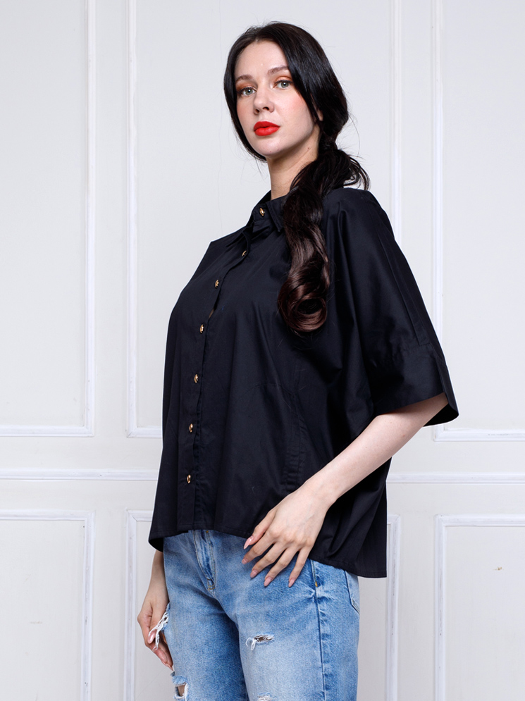 Personal Style Kemeja Katun Lengan Pendek Wanita Blomish Black - Image 4