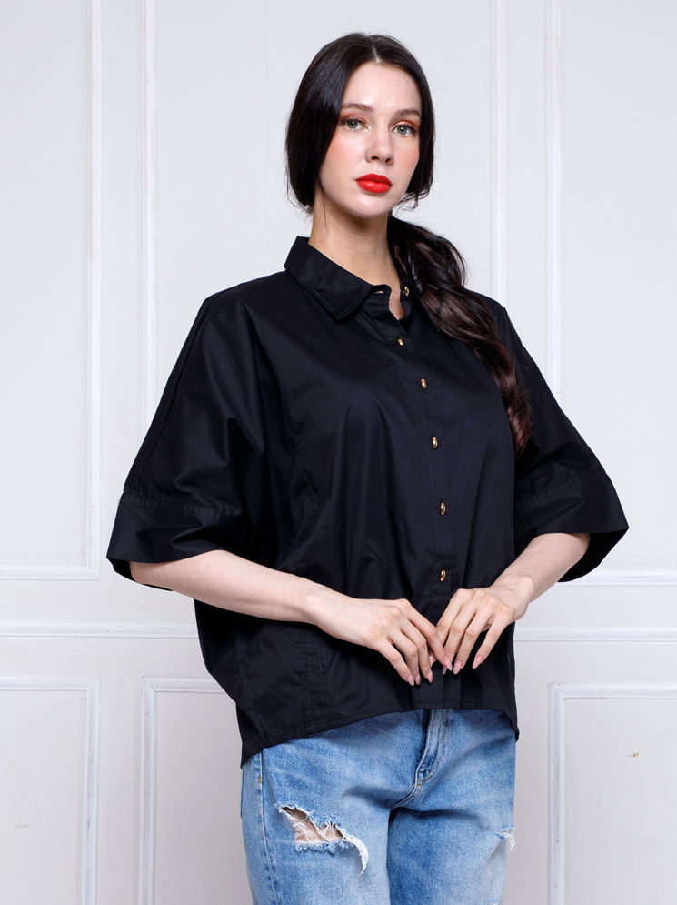 Personal Style Kemeja Katun Lengan Pendek Wanita Blomish Black - Image 3