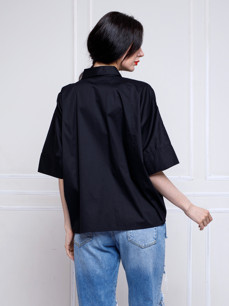 Personal Style Kemeja Katun Lengan Pendek Wanita Blomish Black - Image 2