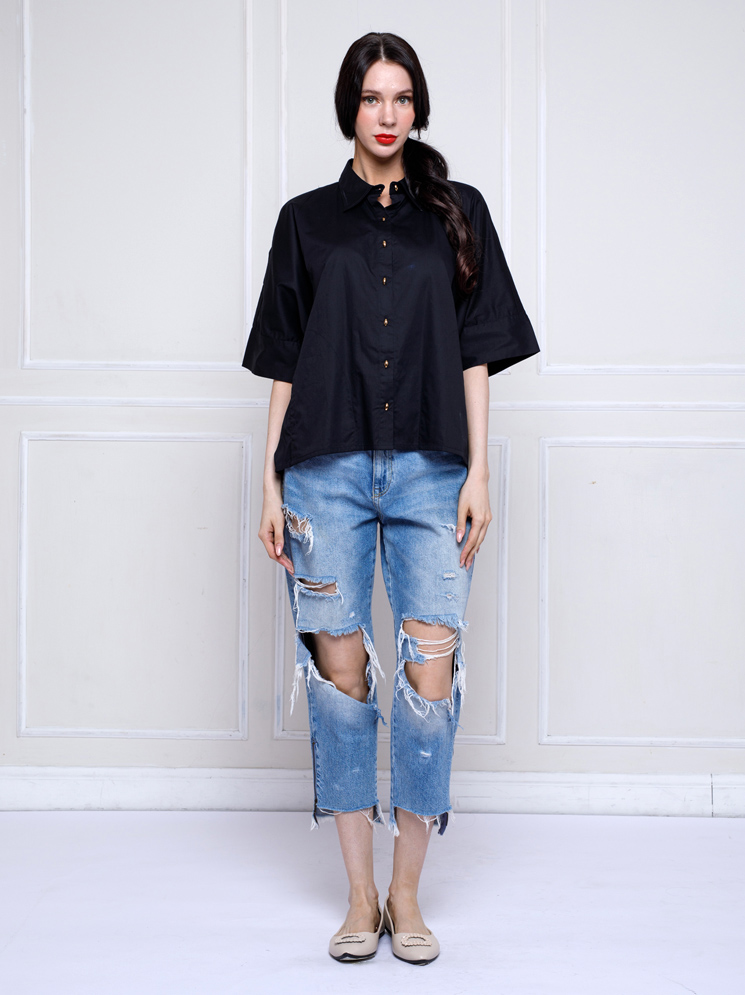 Personal Style Kemeja Katun Lengan Pendek Wanita Blomish Black - Image 5
