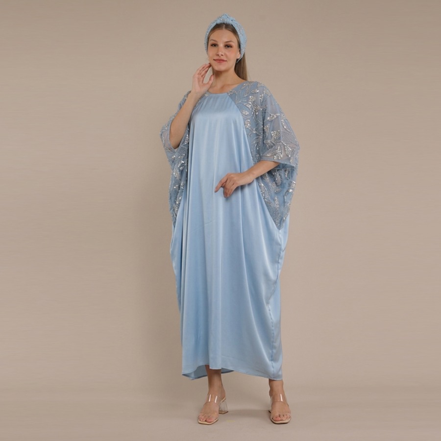 Personal Style Kaftan Maxi Dress Satin Wanita Butterfly Blue