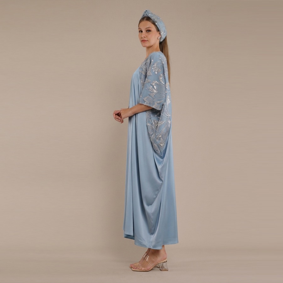 Personal Style Kaftan Maxi Dress Satin Wanita Butterfly Blue - Image 4
