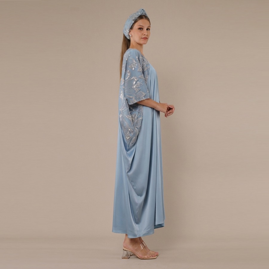 Personal Style Kaftan Maxi Dress Satin Wanita Butterfly Blue - Image 3