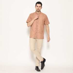 Gianni Visentin Kemeja Koko Lengan Pendek Regular Fit Pria - Merah Bata
