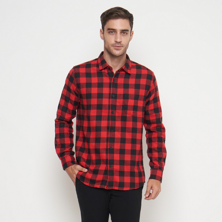 Gianni Visentin Kemeja Slim Fit Flannel Pria Kotak Kotak Merah 6070 - Image 2