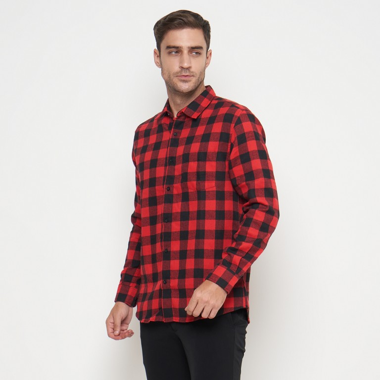 Gianni Visentin Kemeja Slim Fit Flannel Pria Kotak Kotak Merah 6070 - Image 3