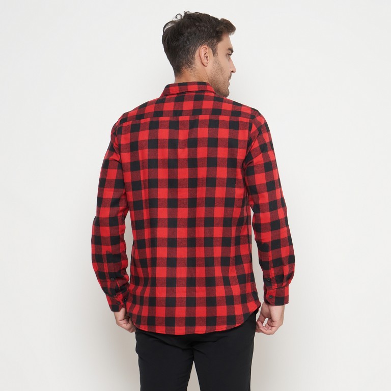 Gianni Visentin Kemeja Slim Fit Flannel Pria Kotak Kotak Merah 6070 - Image 4