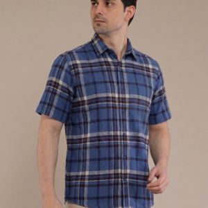 M2menstyle Kemeja Flanel Pria Lengan Pendek Blue