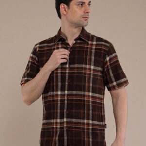 M2menstyle Kemeja Flanel Pria Lengan Pendek Brown Orange