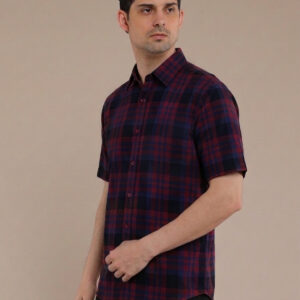 M2menstyle Kemeja Flanel Pria Lengan Pendek Burgundy Navy