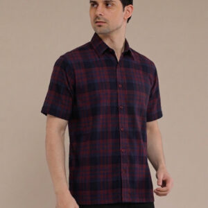 M2menstyle Kemeja Flanel Pria Lengan Pendek Burgundy Navy
