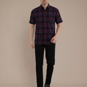 M2menstyle Kemeja Flanel Pria Lengan Pendek Burgundy Navy
