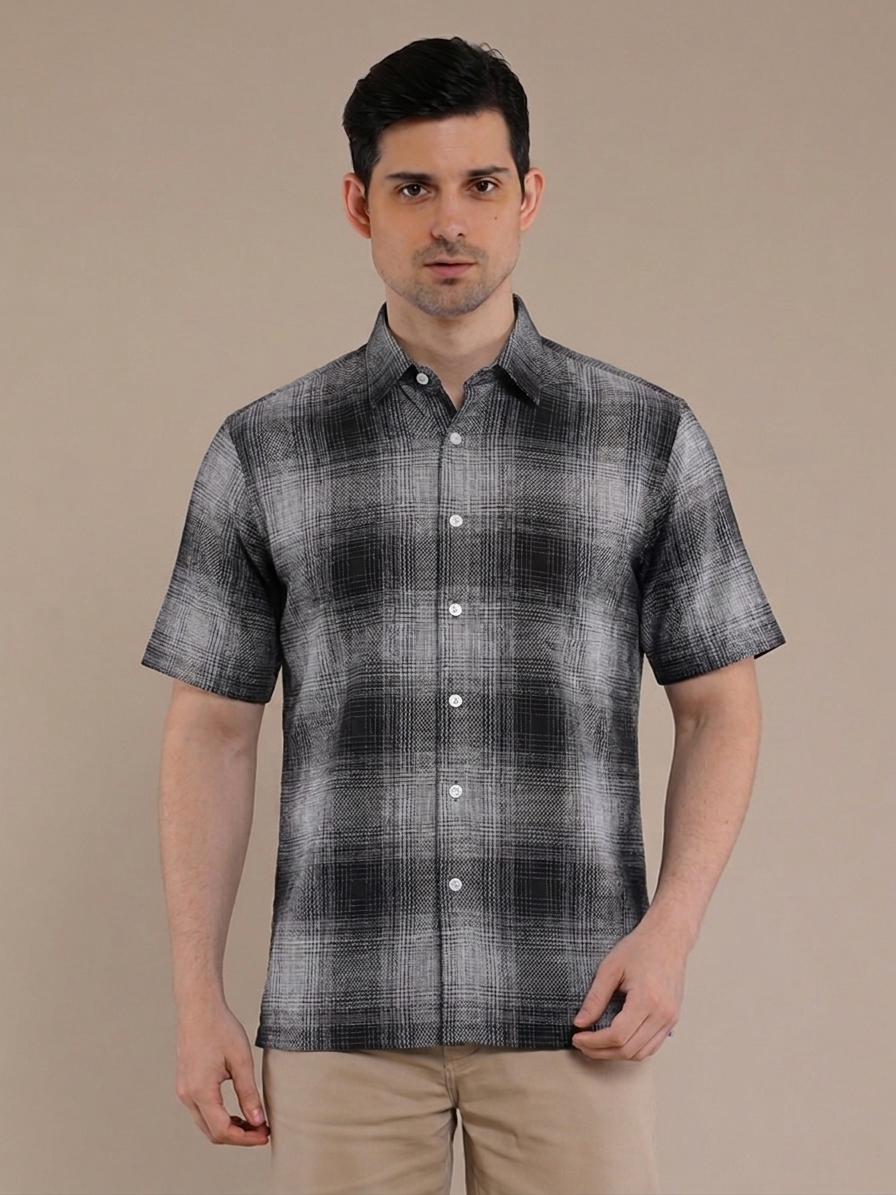 M2menstyle Kemeja Flanel Pria Lengan Pendek Charcoal Grey