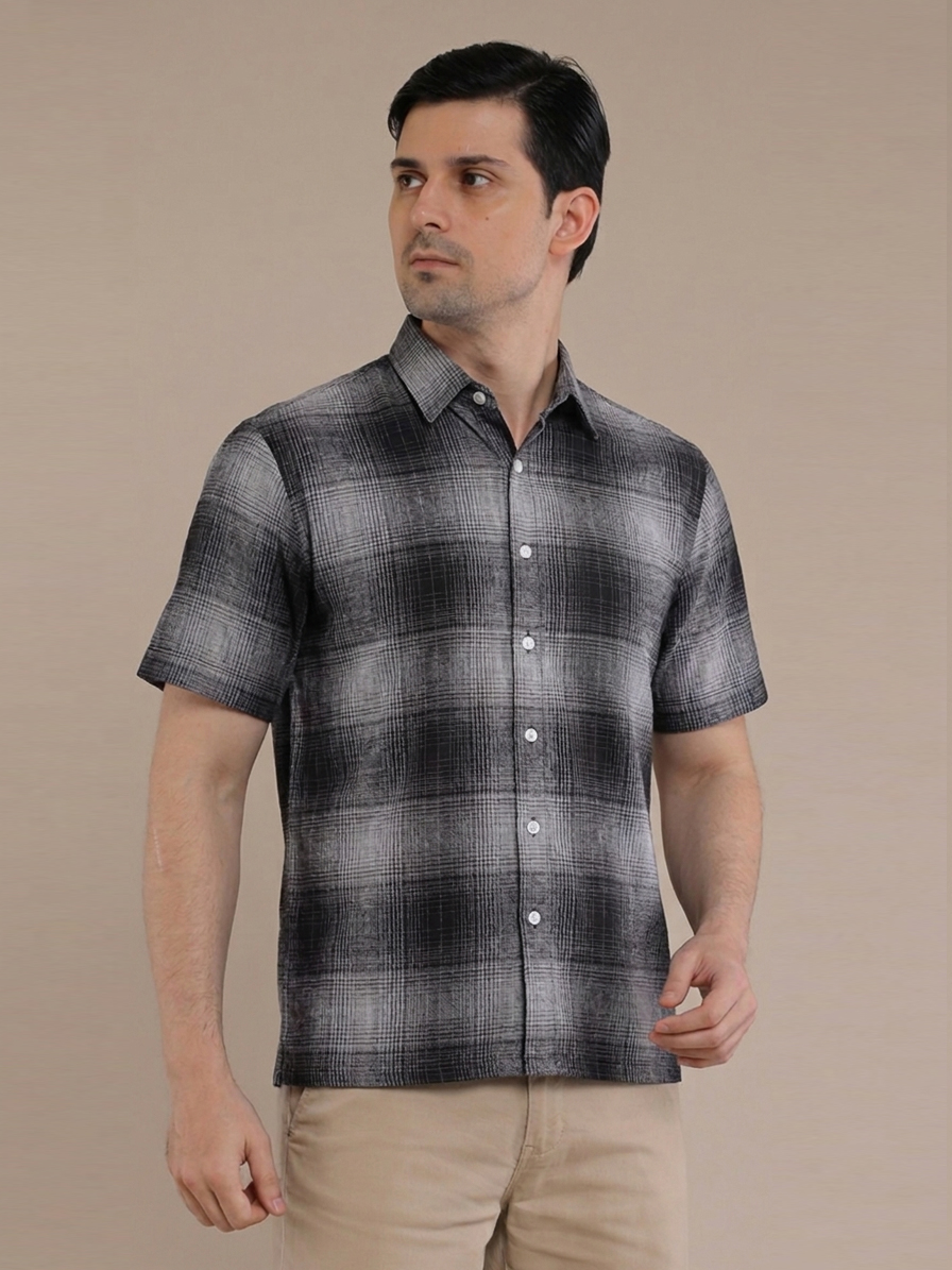 M2menstyle Kemeja Flanel Pria Lengan Pendek Charcoal Grey - Image 4