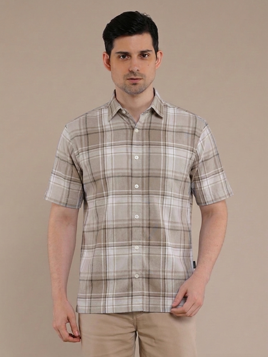 M2menstyle Kemeja Flanel Pria Lengan Pendek Cream Stone
