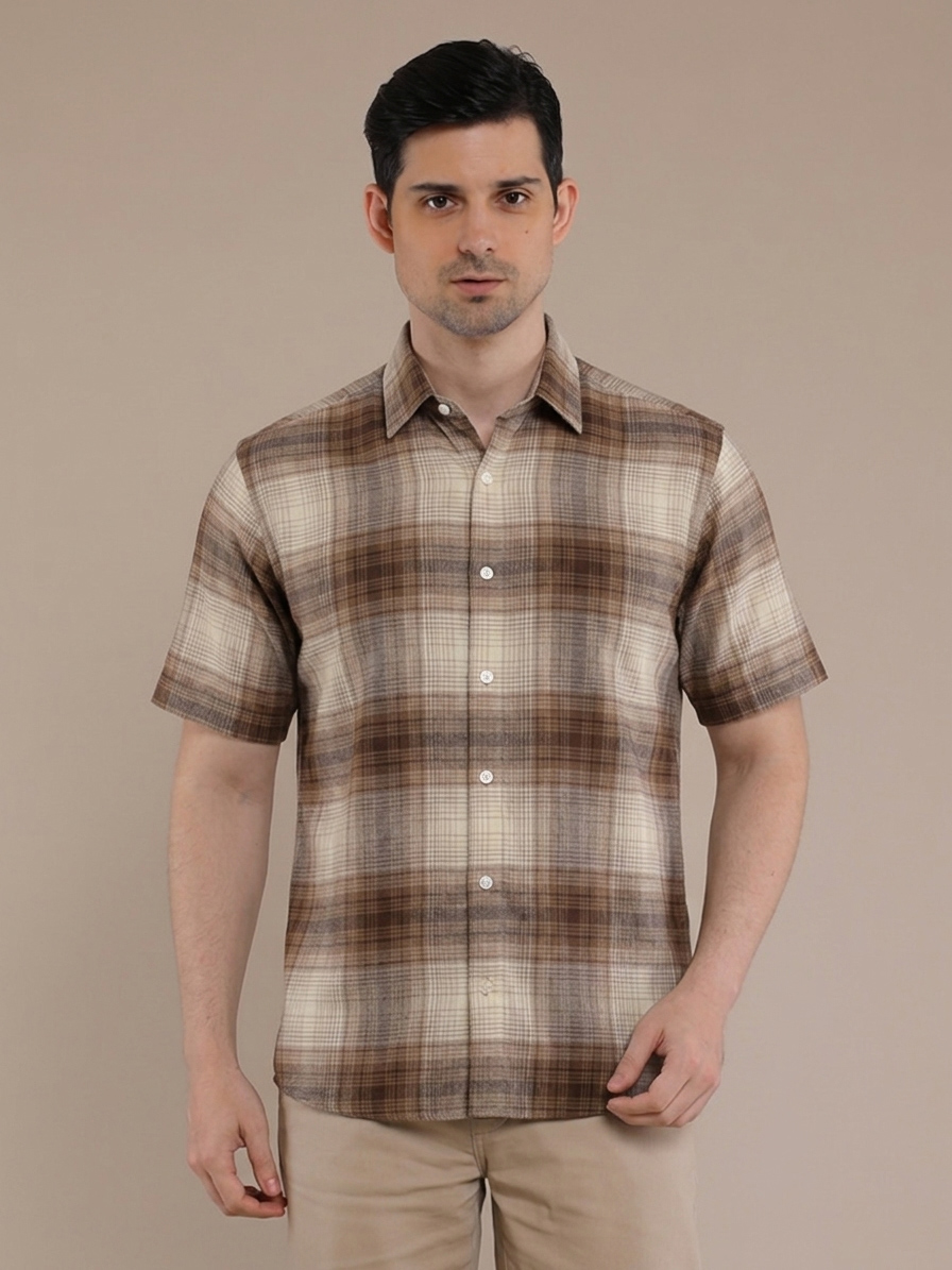M2menstyle Kemeja Flanel Pria Lengan Pendek Cream Tan