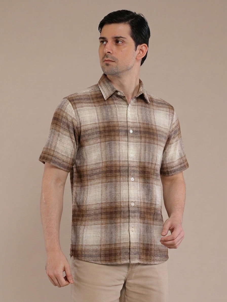 M2menstyle Kemeja Flanel Pria Lengan Pendek Cream Tan - Image 5
