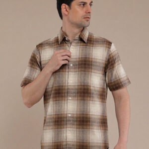 M2menstyle Kemeja Flanel Pria Lengan Pendek Cream Tan