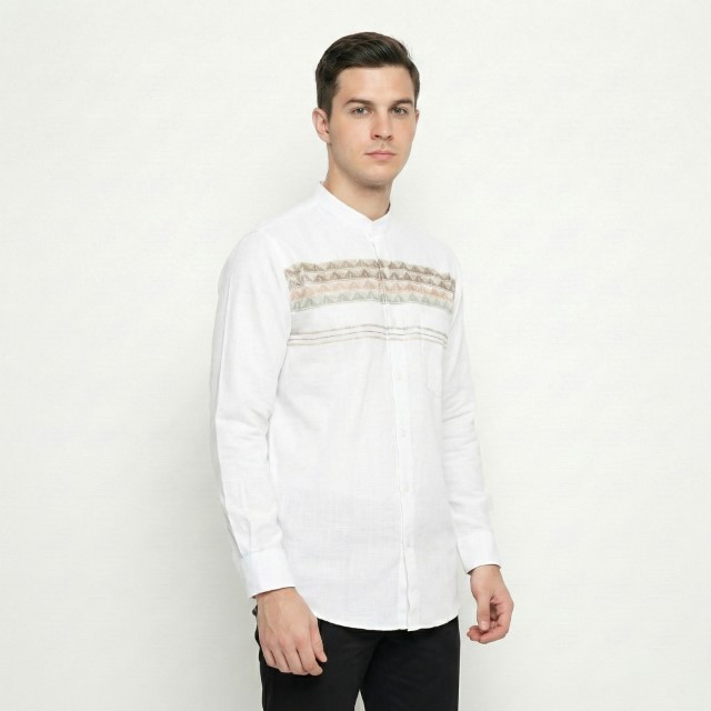 Gianni Visentin Kemeja Koko Lengan Panjang Regular Fit Pria - Cream - 1017 - Image 2