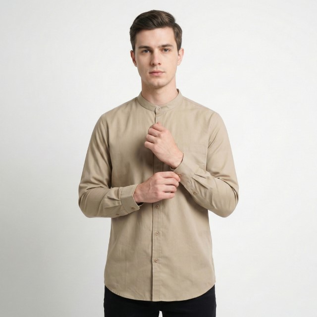 Gianni Visentin Kemeja Koko Lengan Panjang Regular Fit Pria - Coklat - 1010