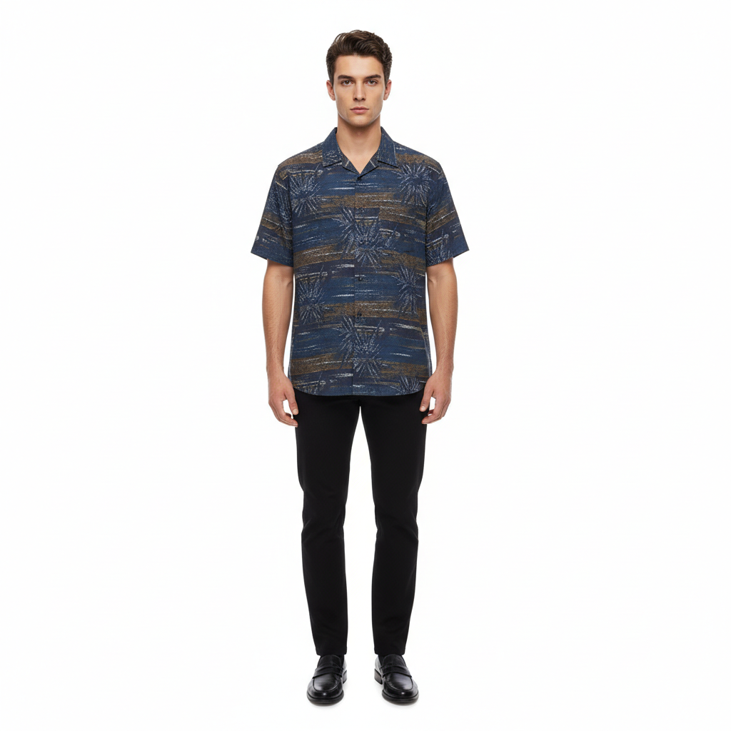 Gianni Visentin Kemeja Casual Pria Katun Print Biru Tua - 6054