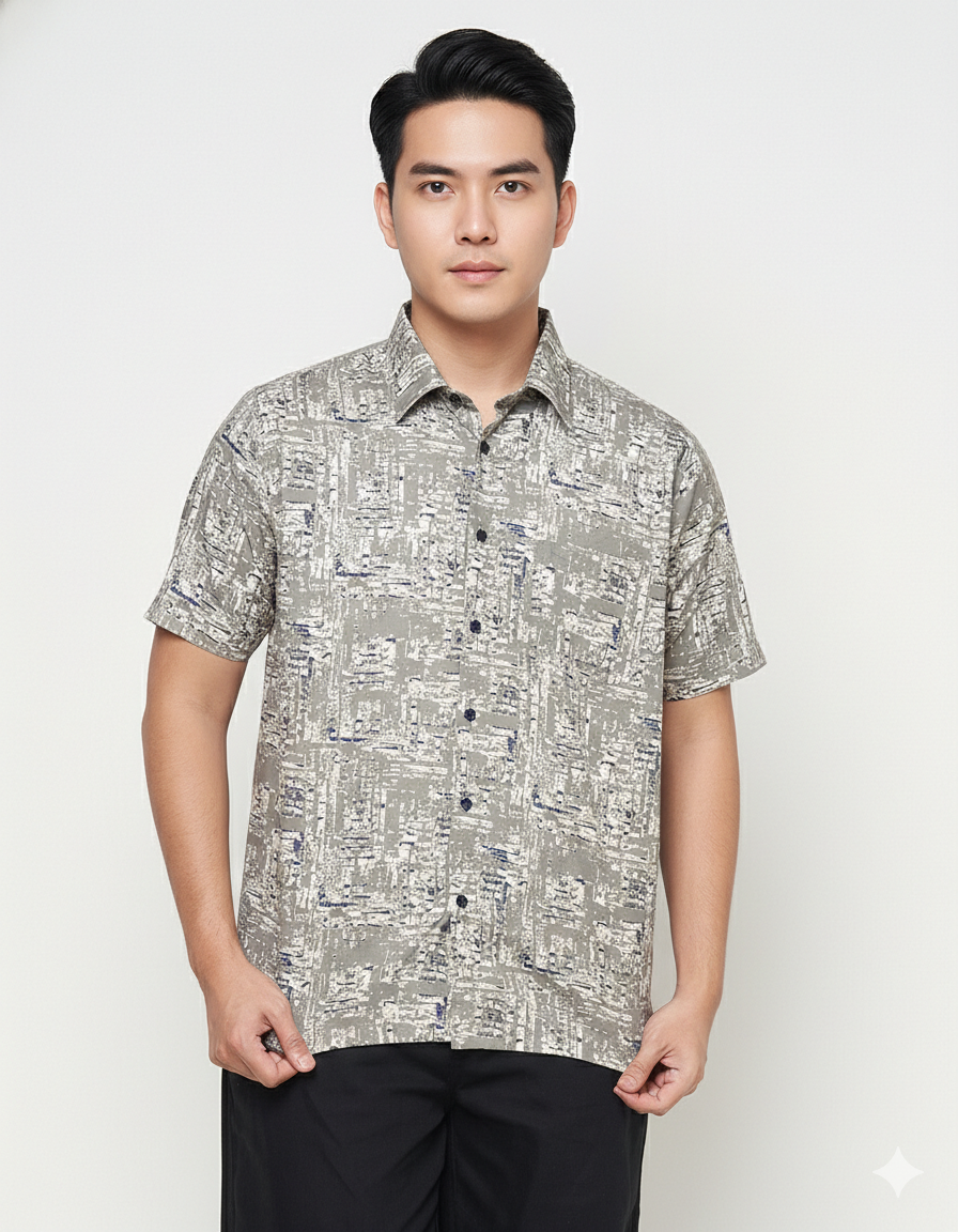 Gianni Visentin Kemeja Pria Lengan Pendek Regular Fit Print Grey - 9098 - Image 3