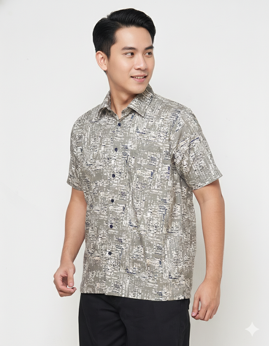 Gianni Visentin Kemeja Pria Lengan Pendek Regular Fit Print Grey - 9098