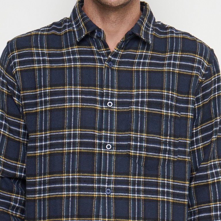 Gianni Visentin Kemeja Slim Fit Flannel Pria Kotak Kotak Biru Kuning 6034 - Image 6