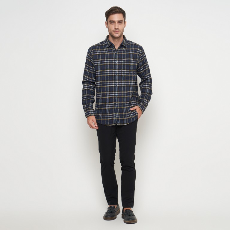 Gianni Visentin Kemeja Slim Fit Flannel Pria Kotak Kotak Biru Kuning 6034 - Image 5