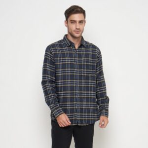 Gianni Visentin Kemeja Slim Fit Flannel Pria Kotak Kotak Biru Kuning 6034