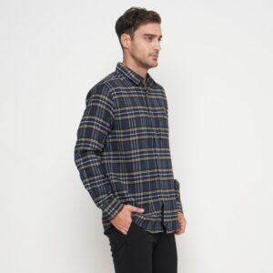 Gianni Visentin Kemeja Slim Fit Flannel Pria Kotak Kotak Biru Kuning 6034