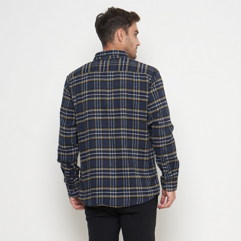 Gianni Visentin Kemeja Slim Fit Flannel Pria Kotak Kotak Biru Kuning 6034 - Image 4