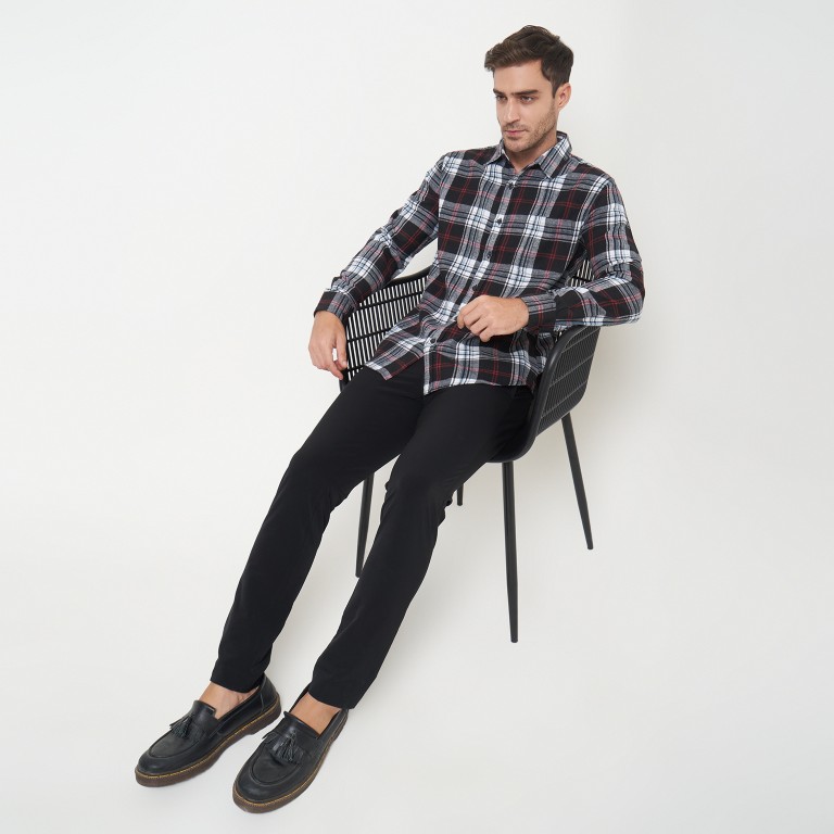 Gianni Visentin Kemeja Slim Fit Flannel Pria Kotak Kotak Coklat Putih 6042 - Image 5