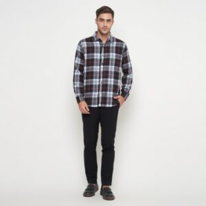 Gianni Visentin Kemeja Slim Fit Flannel Pria Kotak Kotak Coklat Putih 6042