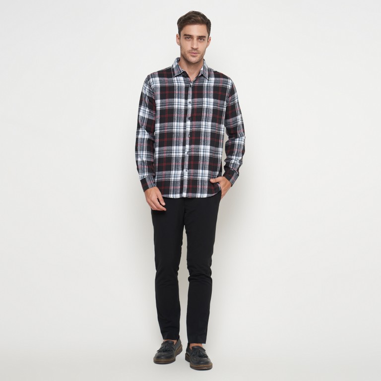 Gianni Visentin Kemeja Slim Fit Flannel Pria Kotak Kotak Coklat Putih 6042 - Image 4