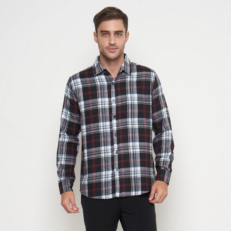 Gianni Visentin Kemeja Slim Fit Flannel Pria Kotak Kotak Coklat Putih 6042