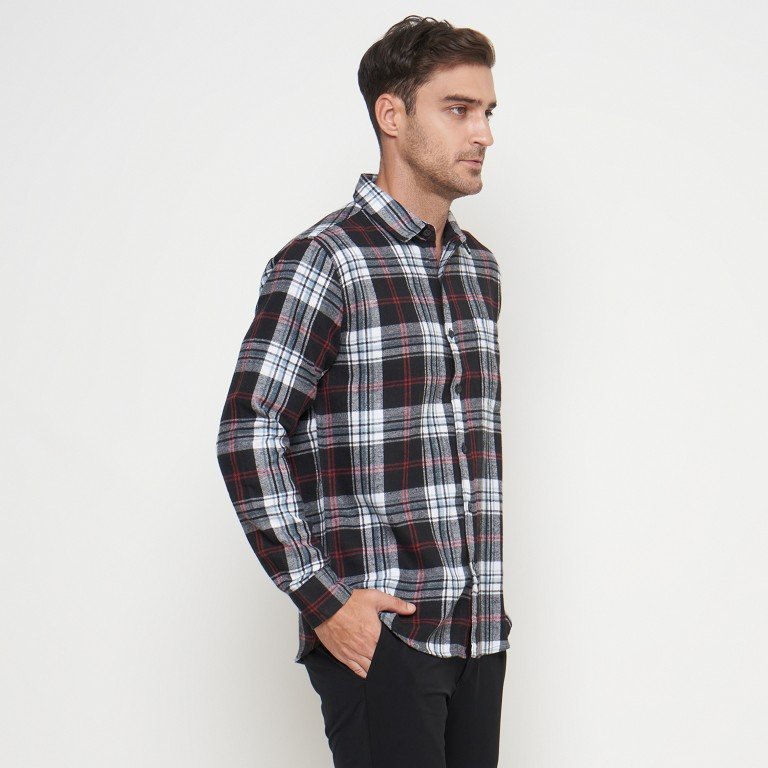 Gianni Visentin Kemeja Slim Fit Flannel Pria Kotak Kotak Coklat Putih 6042 - Image 2