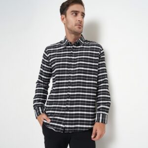 Gianni Visentin Kemeja Slim Fit Flannel Pria Kotak Kotak Hitam Putih 6033