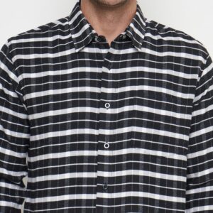 Gianni Visentin Kemeja Slim Fit Flannel Pria Kotak Kotak Hitam Putih 6033