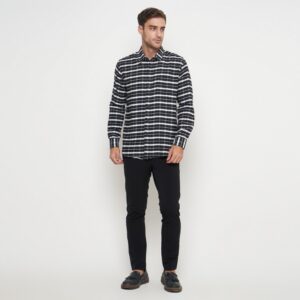 Gianni Visentin Kemeja Slim Fit Flannel Pria Kotak Kotak Hitam Putih 6033