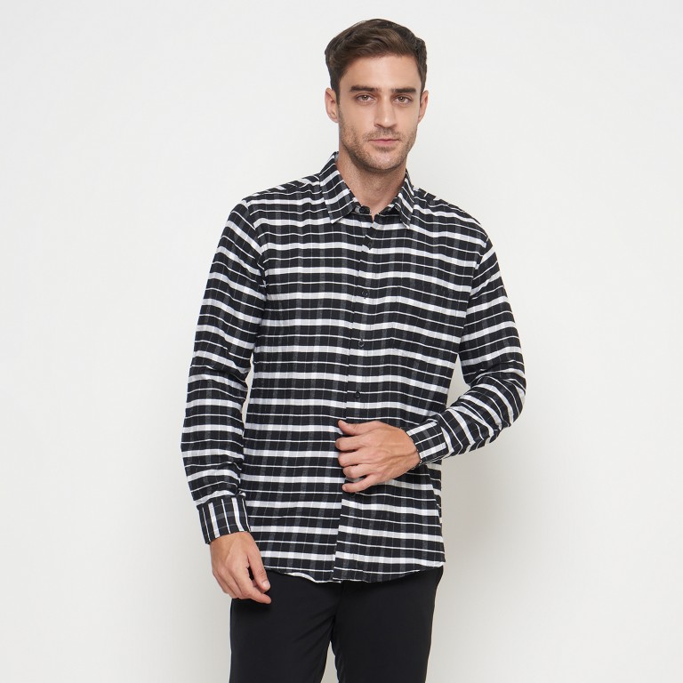 Gianni Visentin Kemeja Slim Fit Flannel Pria Kotak Kotak Hitam Putih 6033 - Image 2