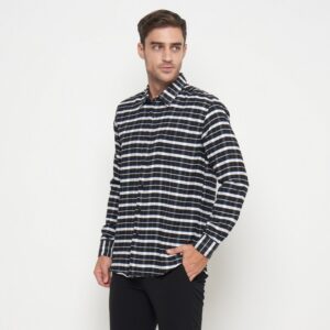 Gianni Visentin Kemeja Slim Fit Flannel Pria Kotak Kotak Hitam Putih 6033