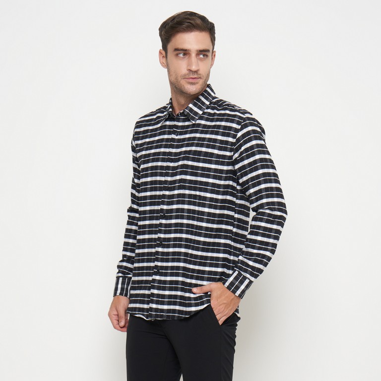 Gianni Visentin Kemeja Slim Fit Flannel Pria Kotak Kotak Hitam Putih 6033 - Image 3