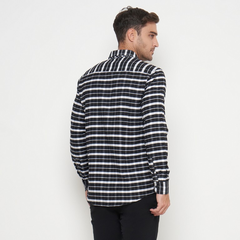 Gianni Visentin Kemeja Slim Fit Flannel Pria Kotak Kotak Hitam Putih 6033 - Image 4